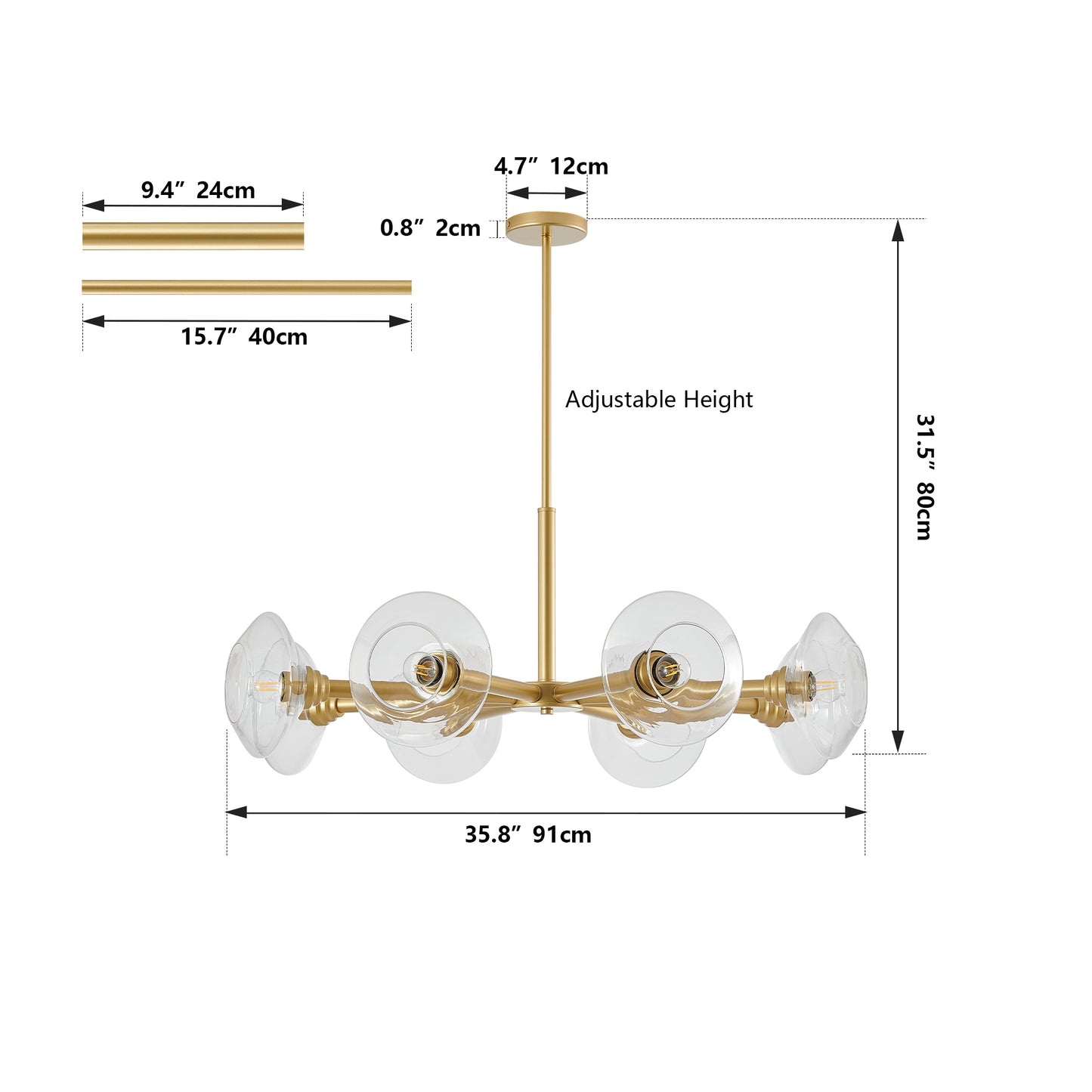 36" Modern Gold 8-Light Sputnik Chandelier – Mid-Century Clear Glass Pendant Light for Dining Room, Living Room & Kitchen