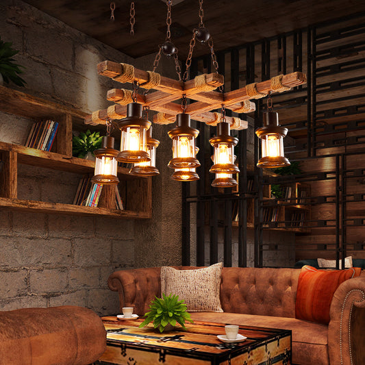 European Retro Industrial Style Chandelier – Wood & Iron Pendant Light