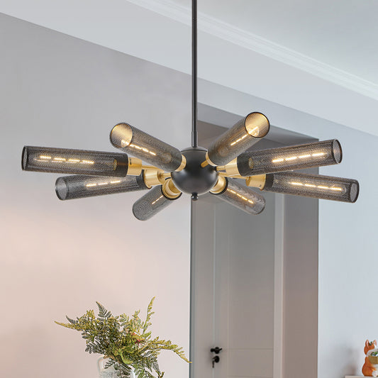 34" Industrial Sputnik Chandelier – 8-Light Black & Gold Metal Mesh Pendant Light | E26 | Adjustable Height for Dining Room & Living Room