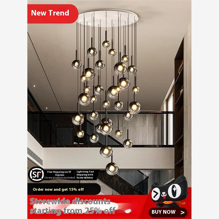 Luxury Rotating Staircase Glass Chandelier – Modern LED Long Pendant Light for High Ceilings & Foyers