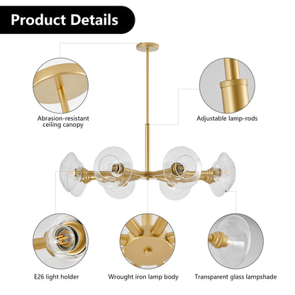 36" Modern Gold 8-Light Sputnik Chandelier – Mid-Century Clear Glass Pendant Light for Dining Room, Living Room & Kitchen