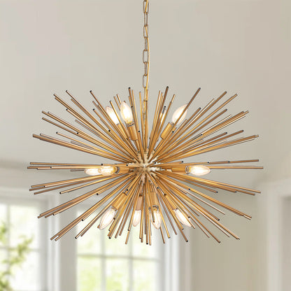 29" Mid-Century Modern 12-Light Gold Sputnik Chandelier – Starburst Pendant Light for Living Room, Dining Room & Foyer