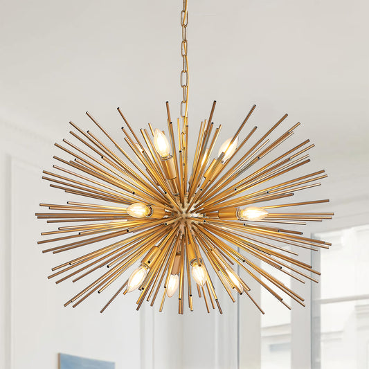 29" Mid-Century Modern 12-Light Gold Sputnik Chandelier – Starburst Pendant Light for Living Room, Dining Room & Foyer