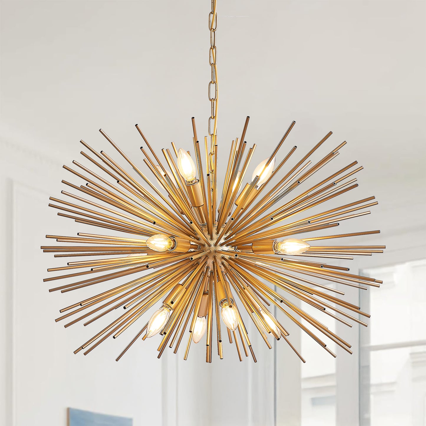 29" Mid-Century Modern 12-Light Gold Sputnik Chandelier – Starburst Pendant Light for Living Room, Dining Room & Foyer
