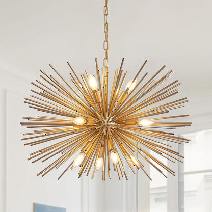 29" Mid-Century Modern 12-Light Gold Sputnik Chandelier – Starburst Pendant Light for Living Room, Dining Room & Foyer