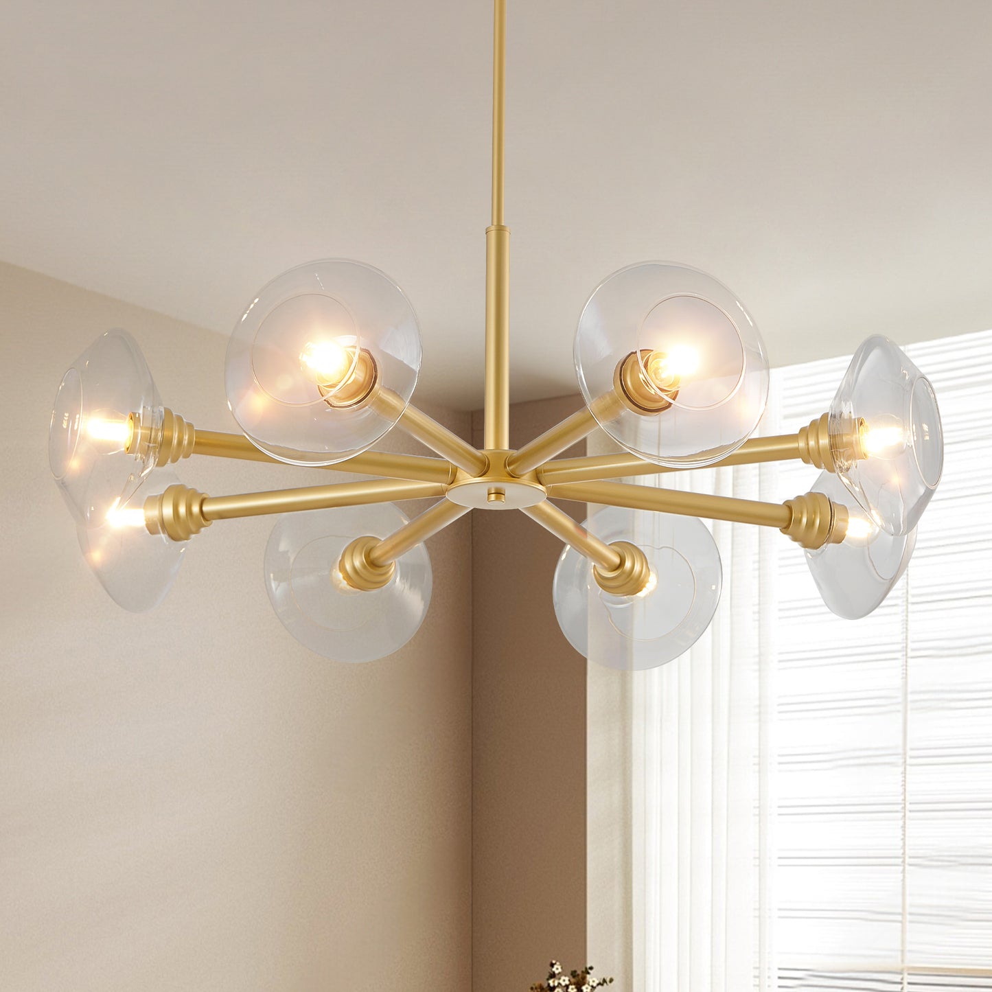 36" Modern Gold 8-Light Sputnik Chandelier – Mid-Century Clear Glass Pendant Light for Dining Room, Living Room & Kitchen
