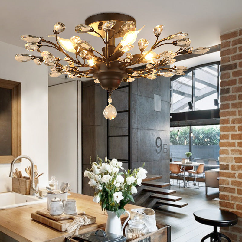 Vintage Crystal Branch Chandelier – Iron LED Pendant Light for Living Room, Dining Room & Bedroom | Black & Gold | 4 & 5 Heads