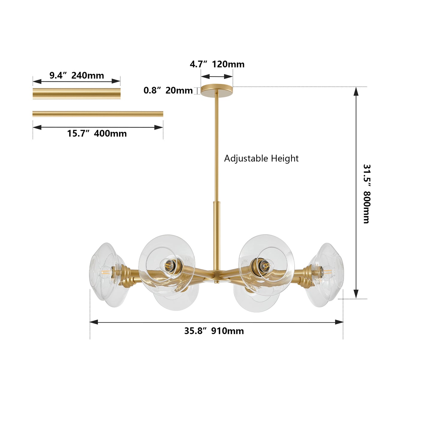 36" Modern Gold 8-Light Sputnik Chandelier – Mid-Century Clear Glass Pendant Light for Dining Room, Living Room & Kitchen