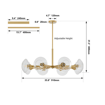 36" Modern Gold 8-Light Sputnik Chandelier – Mid-Century Clear Glass Pendant Light for Dining Room, Living Room & Kitchen