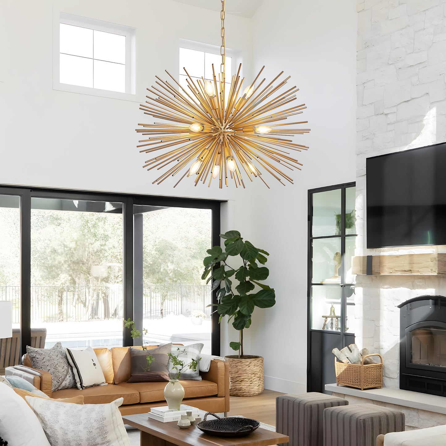 29" Mid-Century Modern 12-Light Gold Sputnik Chandelier – Starburst Pendant Light for Living Room, Dining Room & Foyer
