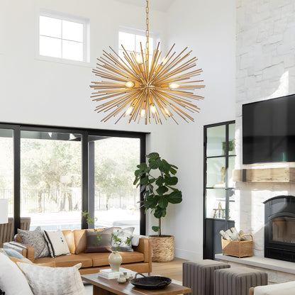29" Mid-Century Modern 12-Light Gold Sputnik Chandelier – Starburst Pendant Light for Living Room, Dining Room & Foyer